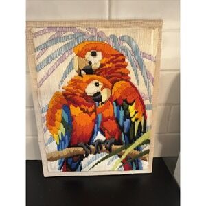 Vintage Handmade Parrots Stitched Yarn Art UnFramed‎ Wall Art Tropical Boho